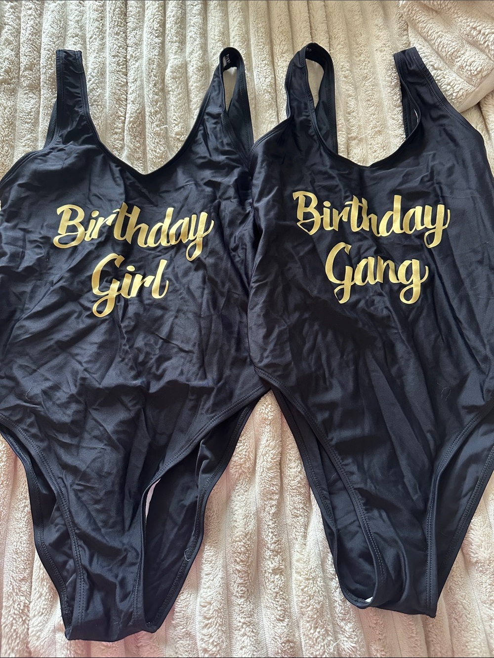 Birthday Girl & Birthday Gang Black One-Piece Swimsuit with Gold Script